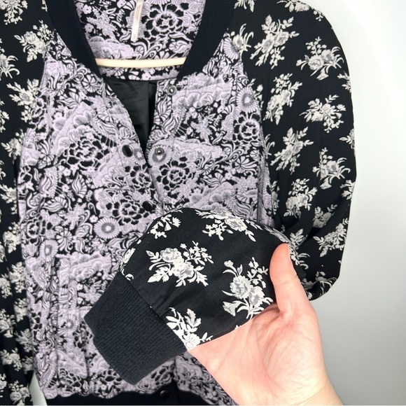 Free People Black and Purple Floral Snap Button Long Sleeve Bomber Jacket Small - Picture 8 of 16